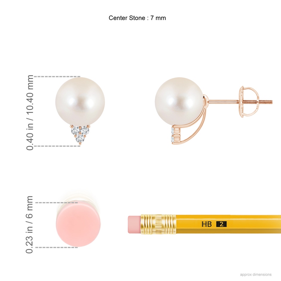 7mm AAAA Freshwater Pearl Earrings with Diamond Trio in Rose Gold ruler