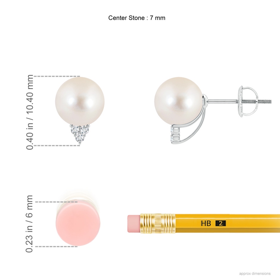 7mm AAAA Freshwater Pearl Earrings with Diamond Trio in White Gold ruler