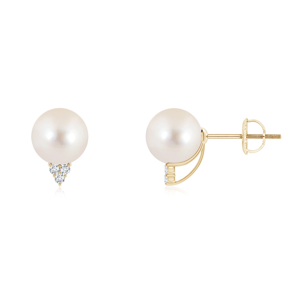 7mm AAAA Freshwater Pearl Earrings with Diamond Trio in Yellow Gold