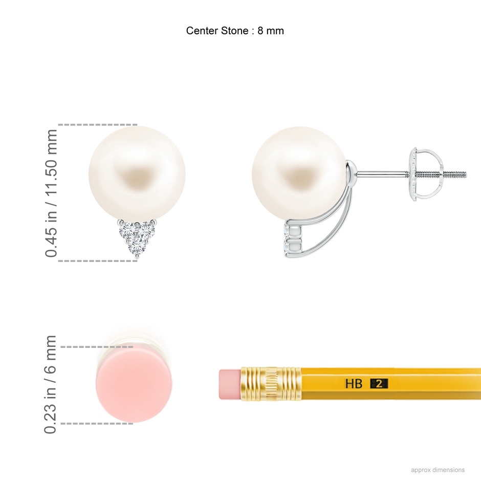 8mm AAA Freshwater Pearl Earrings with Diamond Trio in White Gold ruler