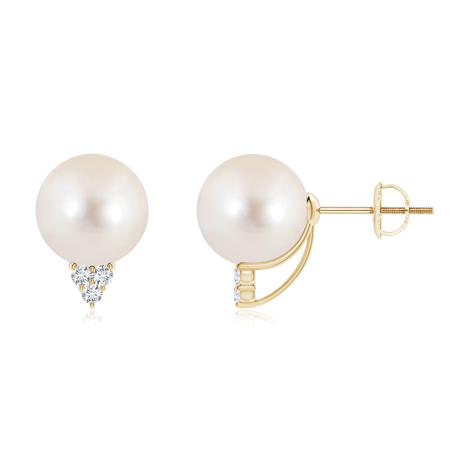 9mm AAAA Freshwater Pearl Earrings with Diamond Trio in Yellow Gold 
