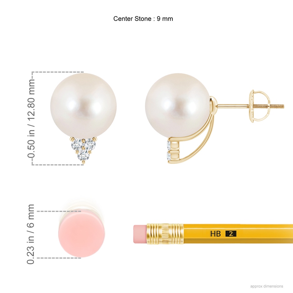 9mm AAAA Freshwater Pearl Earrings with Diamond Trio in Yellow Gold ruler