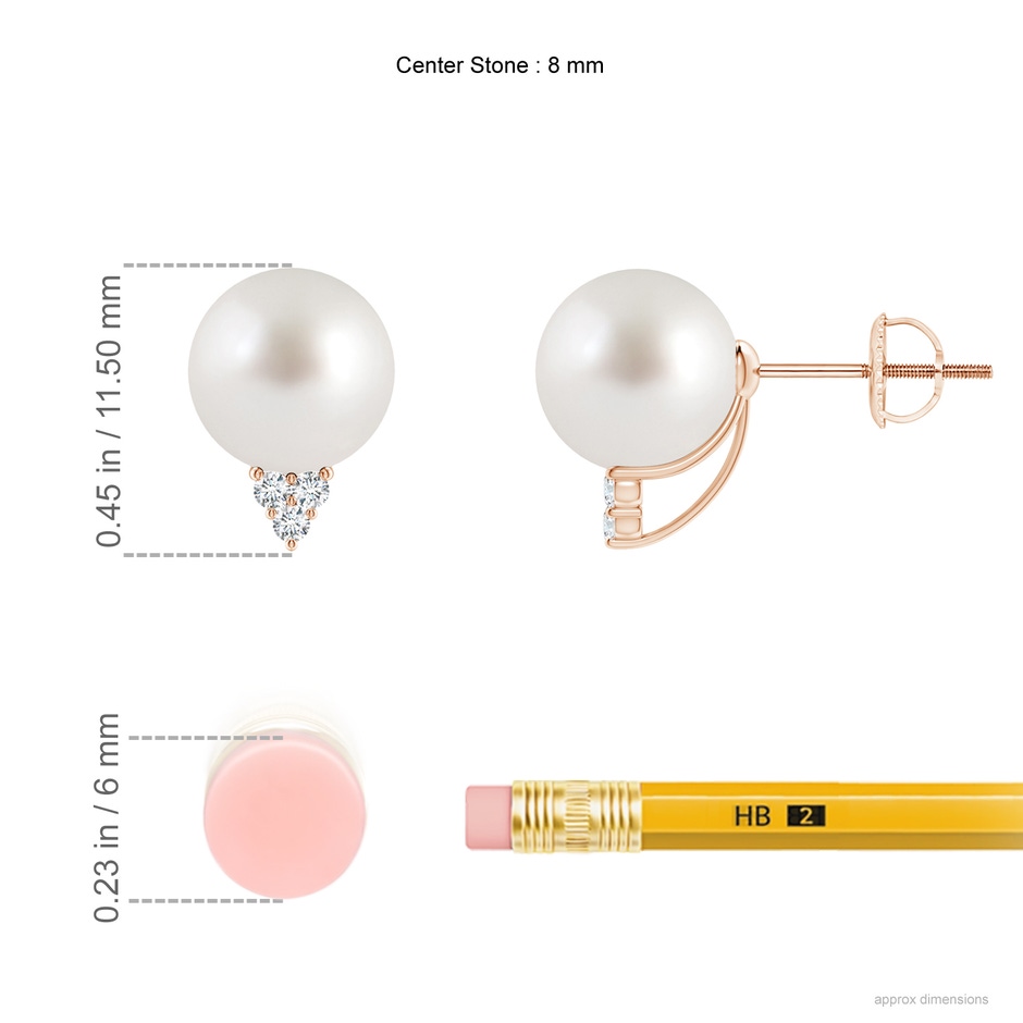 8mm AAA South Sea Pearl Earrings with Diamond Trio in Rose Gold ruler