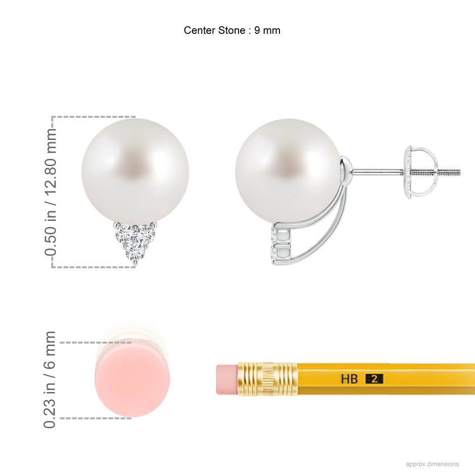 9mm AAA South Sea Pearl Earrings with Diamond Trio in White Gold ruler