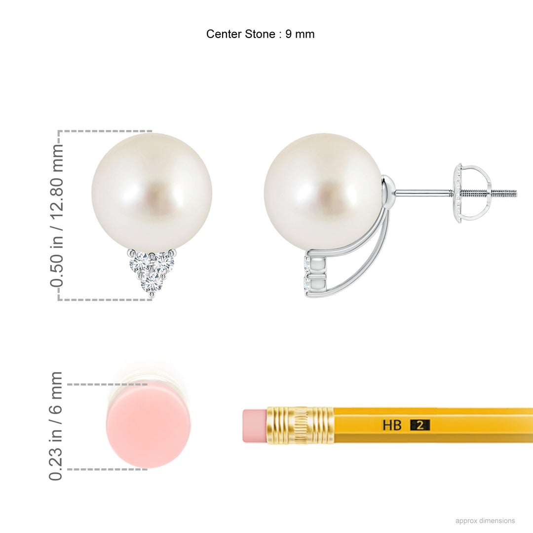 9mm AAAA South Sea Pearl Earrings with Diamond Trio in White Gold - ruler