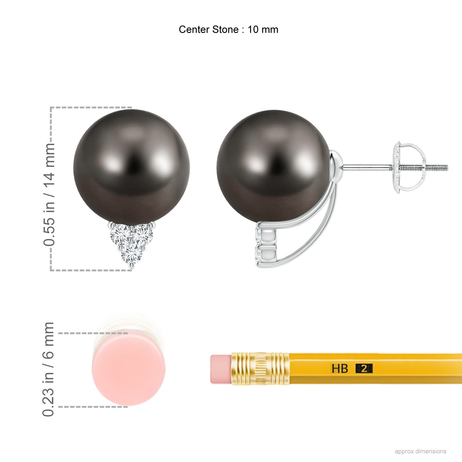 10mm AAA Tahitian Pearl Earrings with Diamond Trio in White Gold - ruler