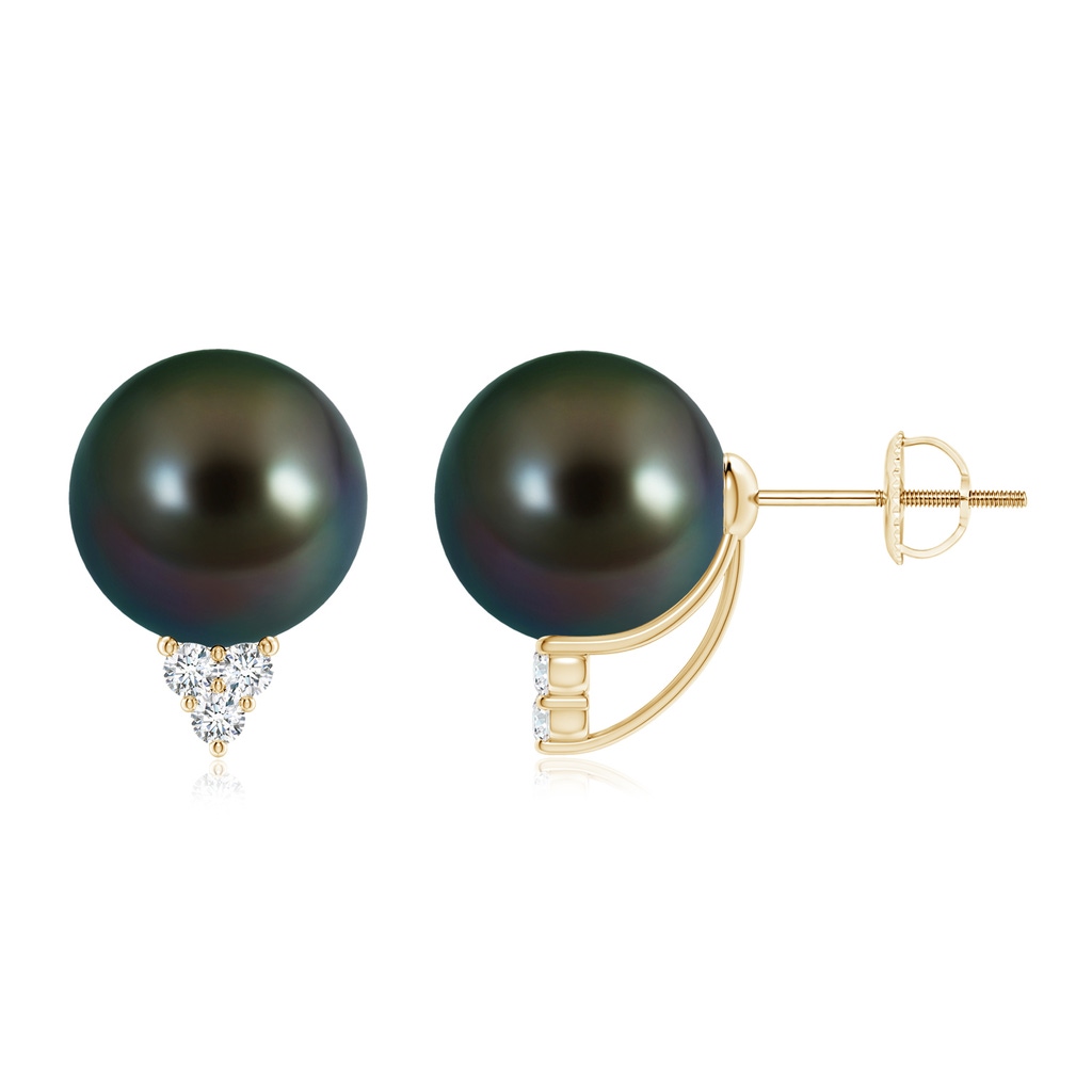 10mm AAAA Tahitian Pearl Earrings with Diamond Trio in Yellow Gold