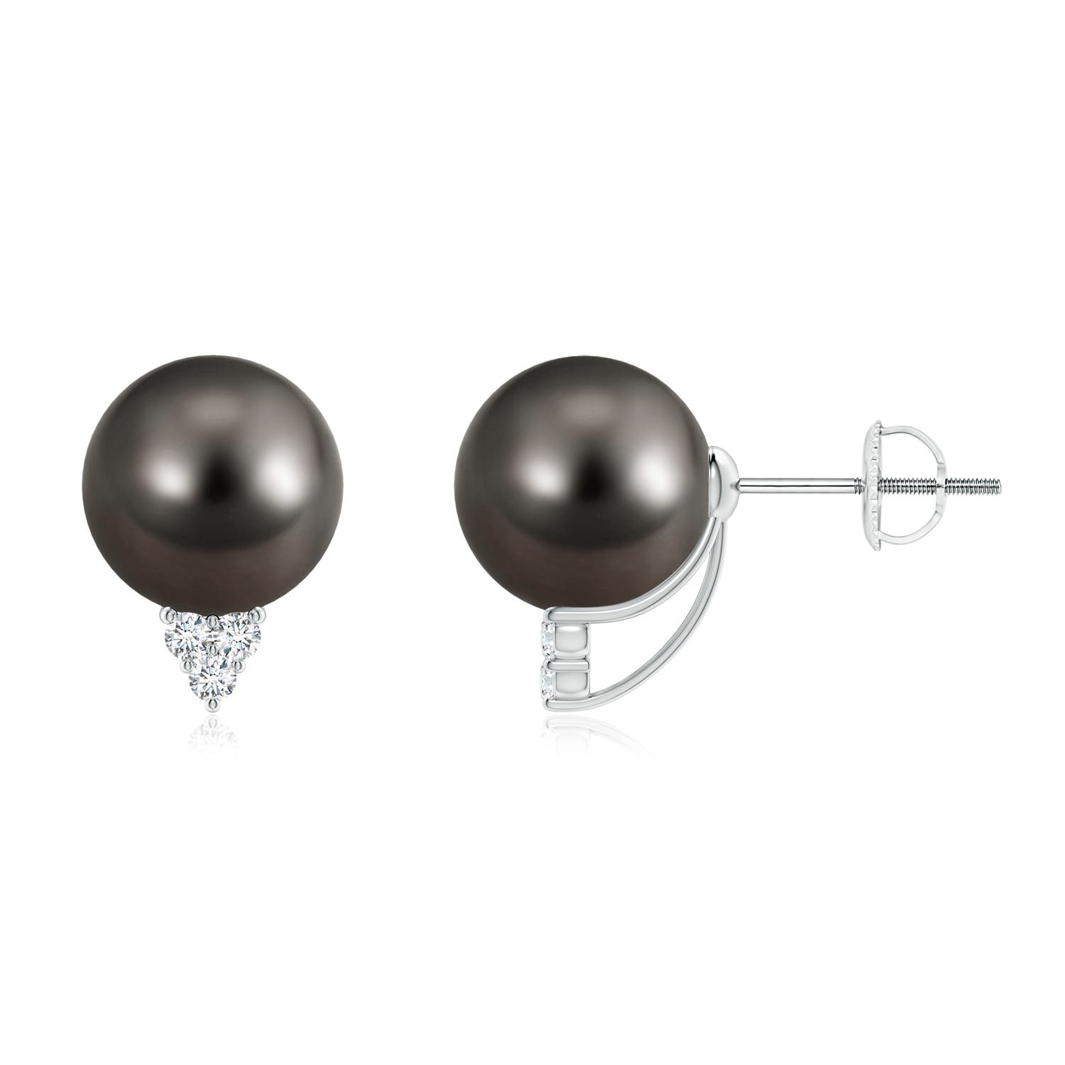 9mm AAA Tahitian Pearl Earrings with Diamond Trio in White Gold