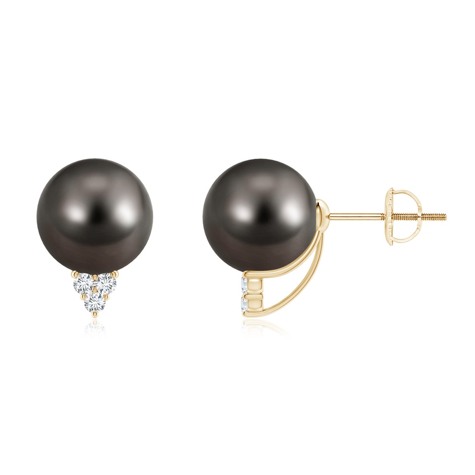 9mm AAA Tahitian Pearl Earrings with Diamond Trio in Yellow Gold 