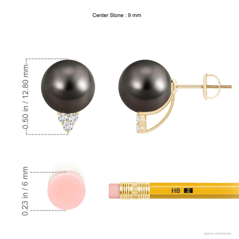 9mm AAA Tahitian Pearl Earrings with Diamond Trio in Yellow Gold ruler