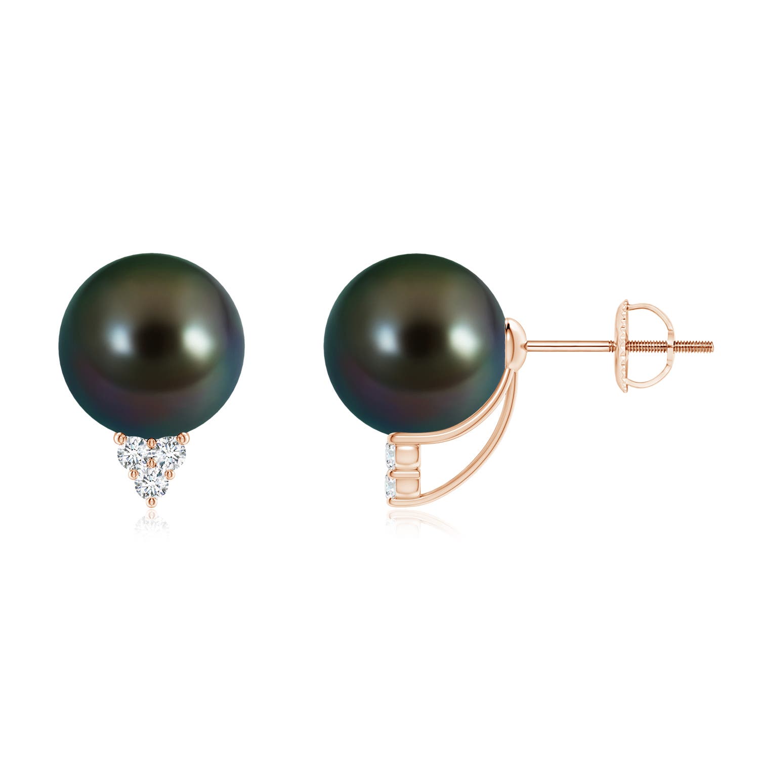 9mm AAAA Tahitian Pearl Earrings with Diamond Trio in Rose Gold