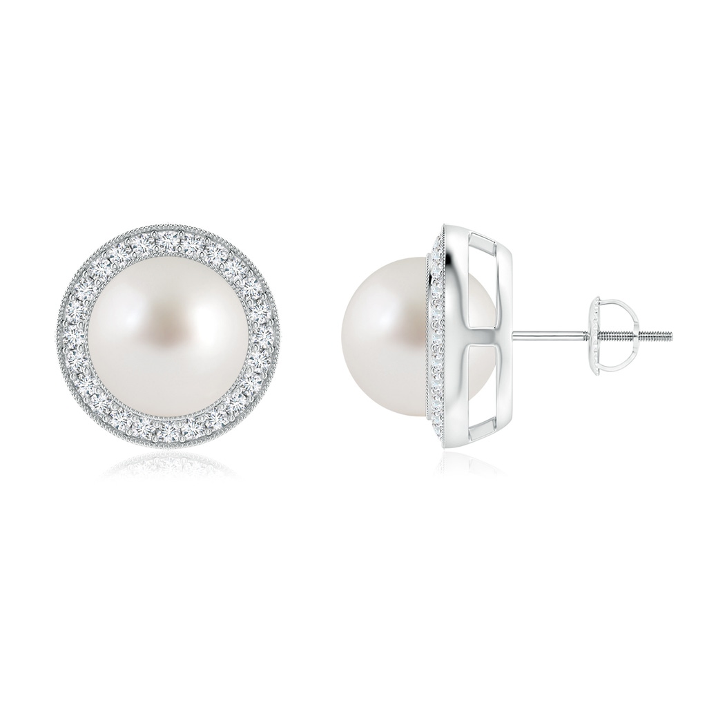 9mm AAA South Sea Pearl Halo Studs with Milgrain in White Gold