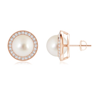 9mm AAAA South Sea Pearl Halo Studs with Milgrain in Rose Gold
