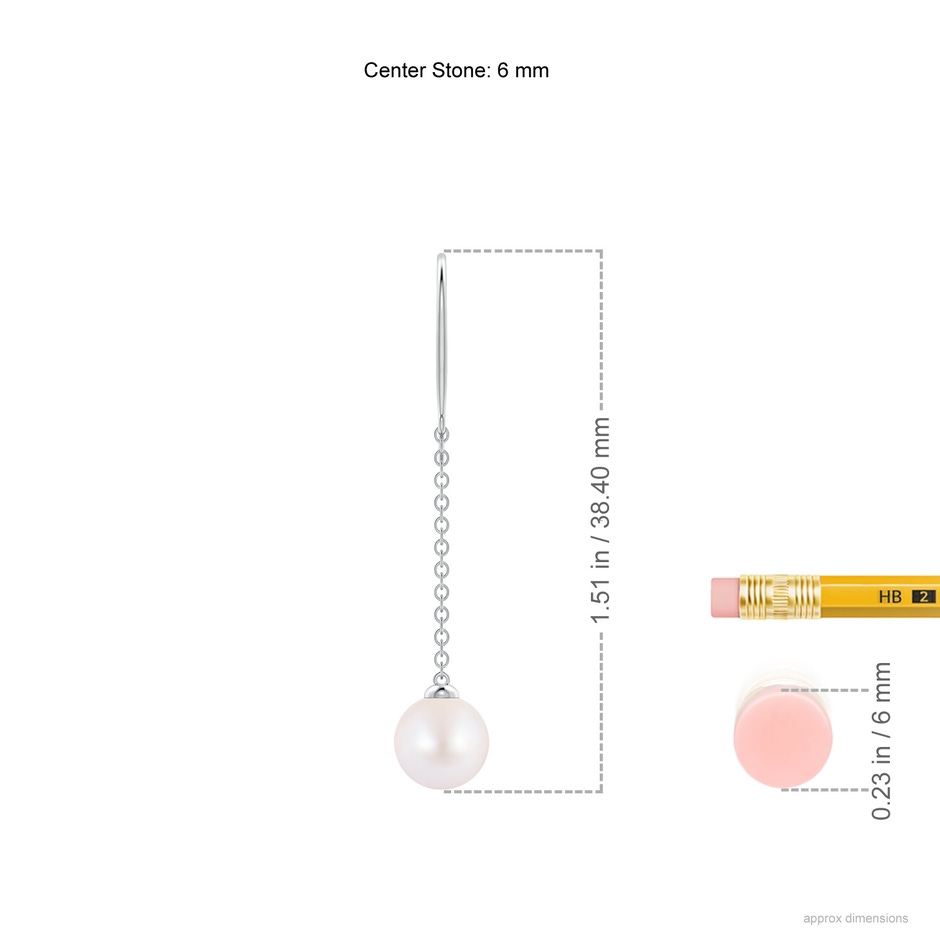 6mm AA Dangling Solitaire Japanese Akoya Pearl Earrings in White Gold ruler