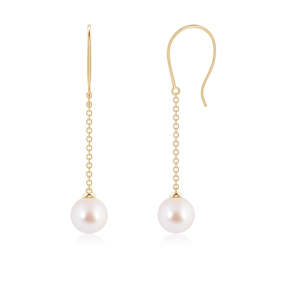 6mm AAA Dangling Solitaire Japanese Akoya Pearl Earrings in Yellow Gold 