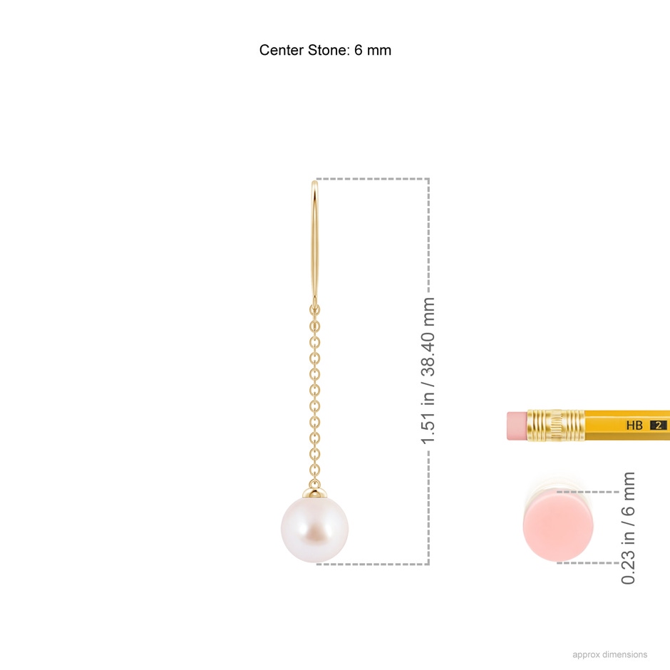 6mm AAA Dangling Solitaire Japanese Akoya Pearl Earrings in Yellow Gold ruler