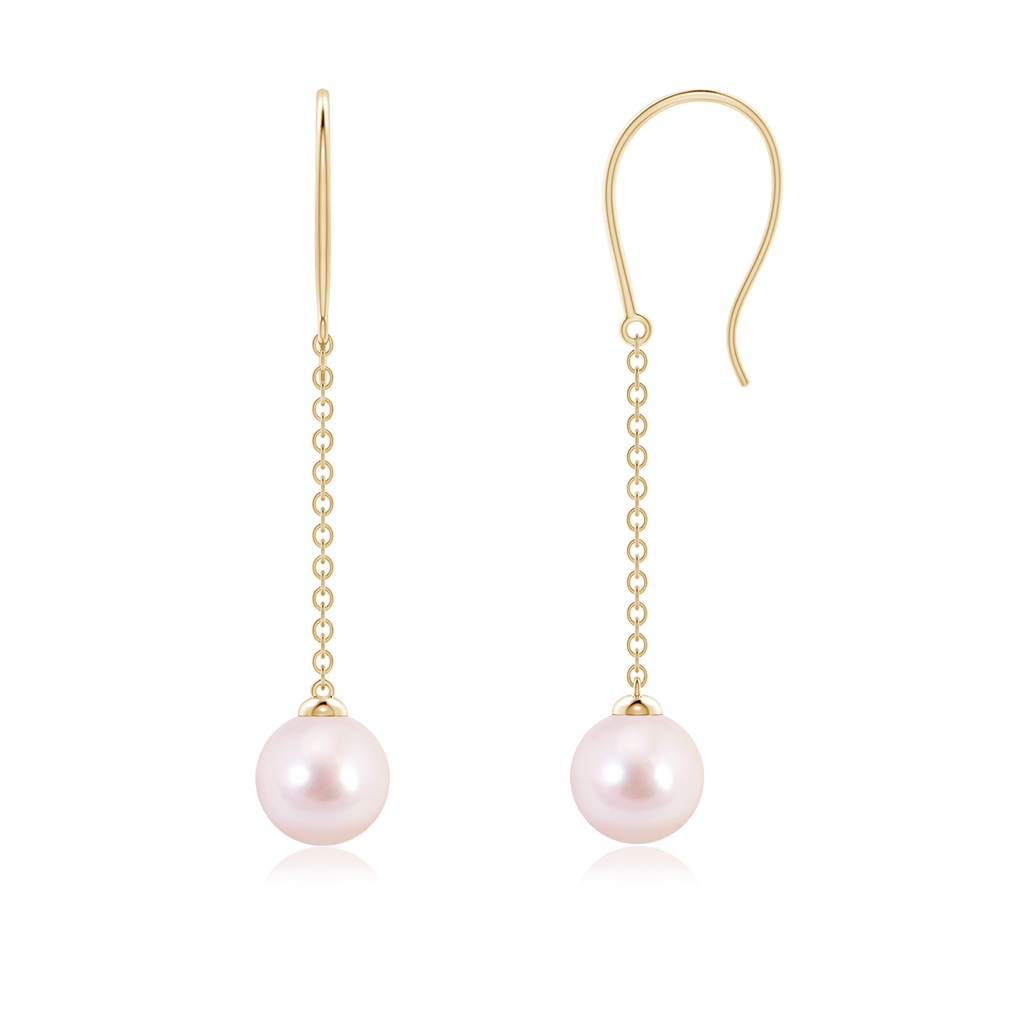 6mm AAAA Dangling Solitaire Japanese Akoya Pearl Earrings in Yellow Gold