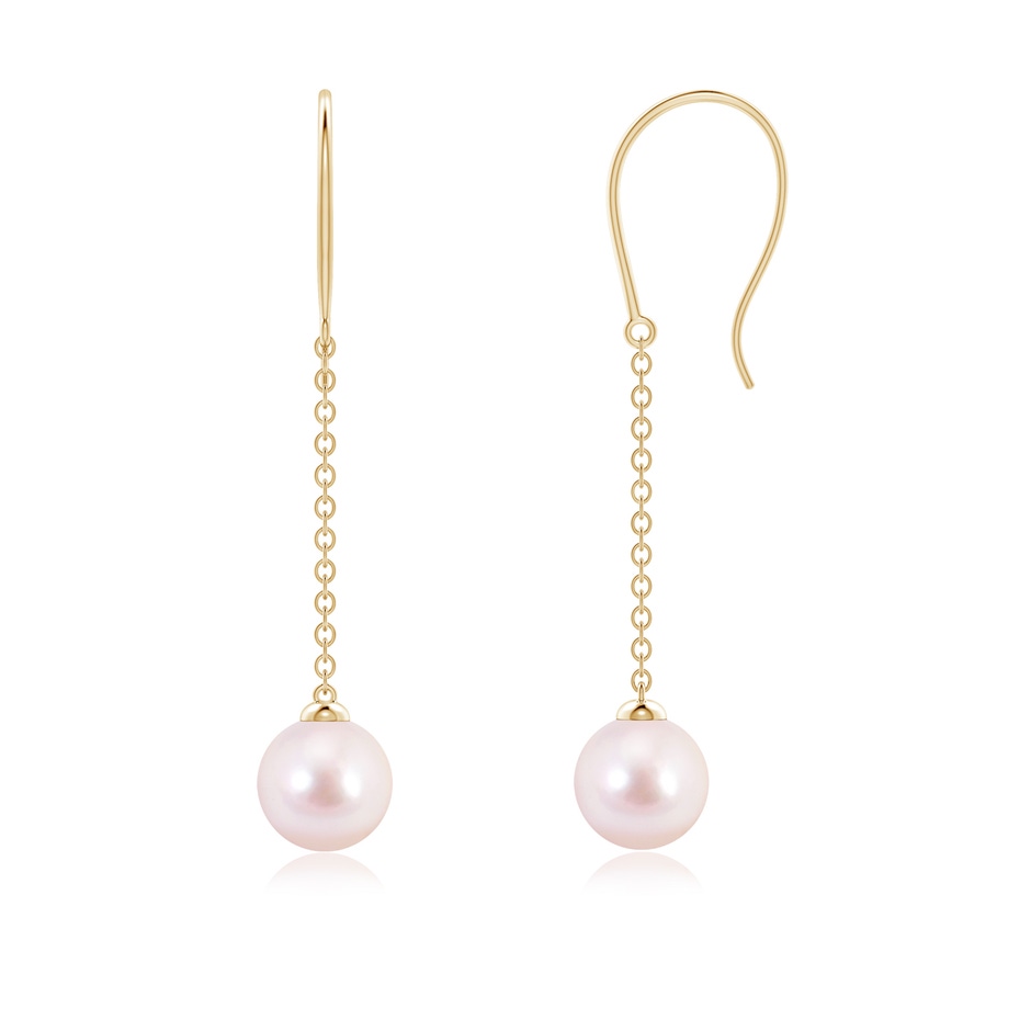 6mm AAAA Dangling Solitaire Japanese Akoya Pearl Earrings in Yellow Gold 
