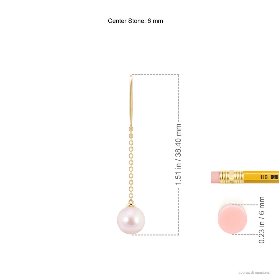 6mm AAAA Dangling Solitaire Japanese Akoya Pearl Earrings in Yellow Gold ruler