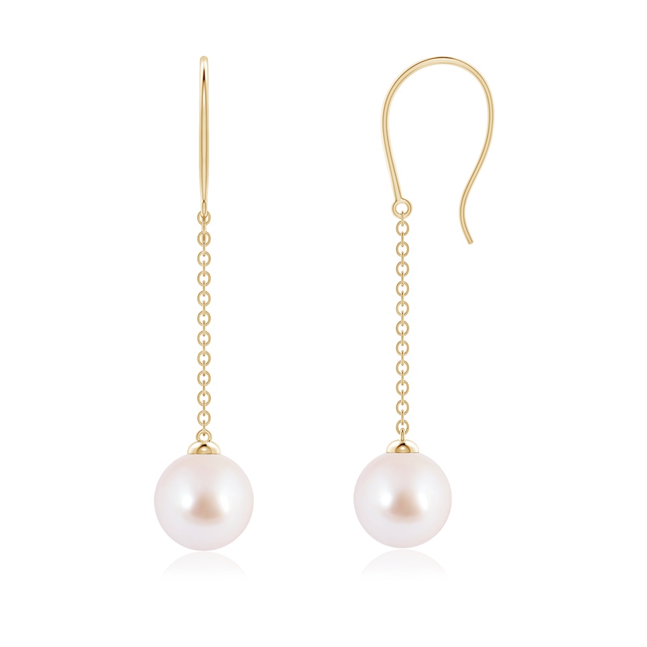 7mm AAA Dangling Solitaire Japanese Akoya Pearl Earrings in Yellow Gold 
