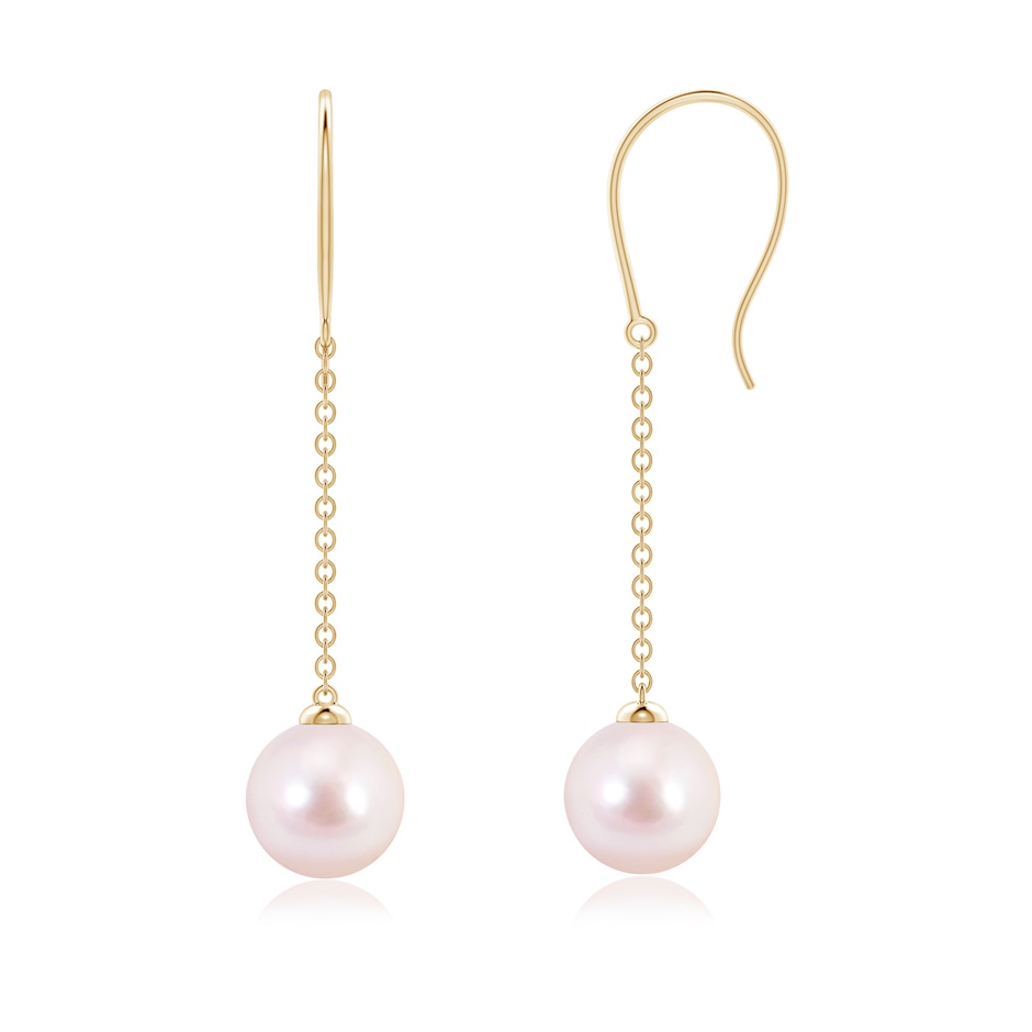 7mm AAAA Dangling Solitaire Japanese Akoya Pearl Earrings in Yellow Gold 