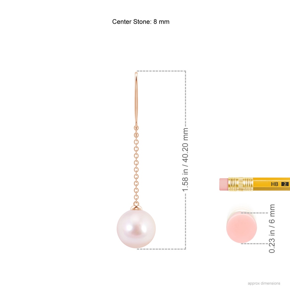 8mm AAAA Dangling Solitaire Japanese Akoya Pearl Earrings in Rose Gold ruler