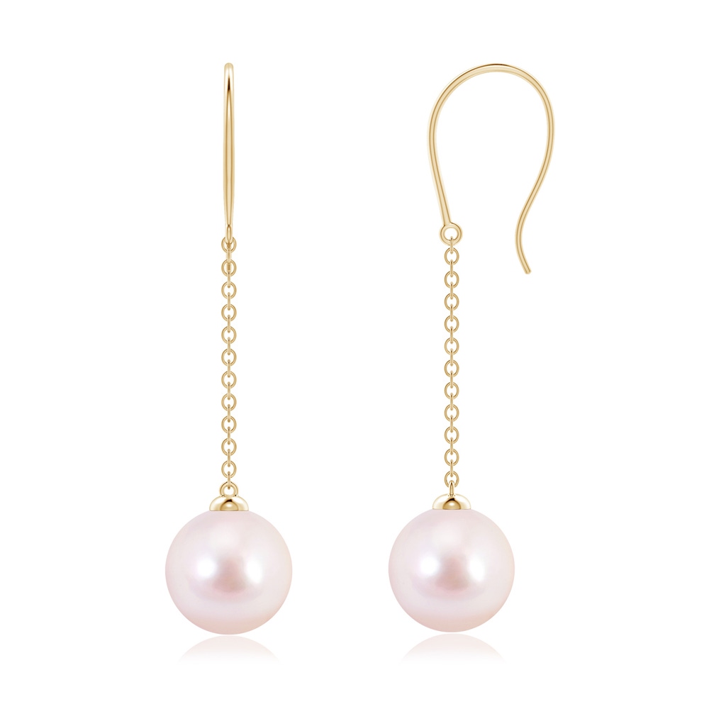 8mm AAAA Dangling Solitaire Japanese Akoya Pearl Earrings in Yellow Gold