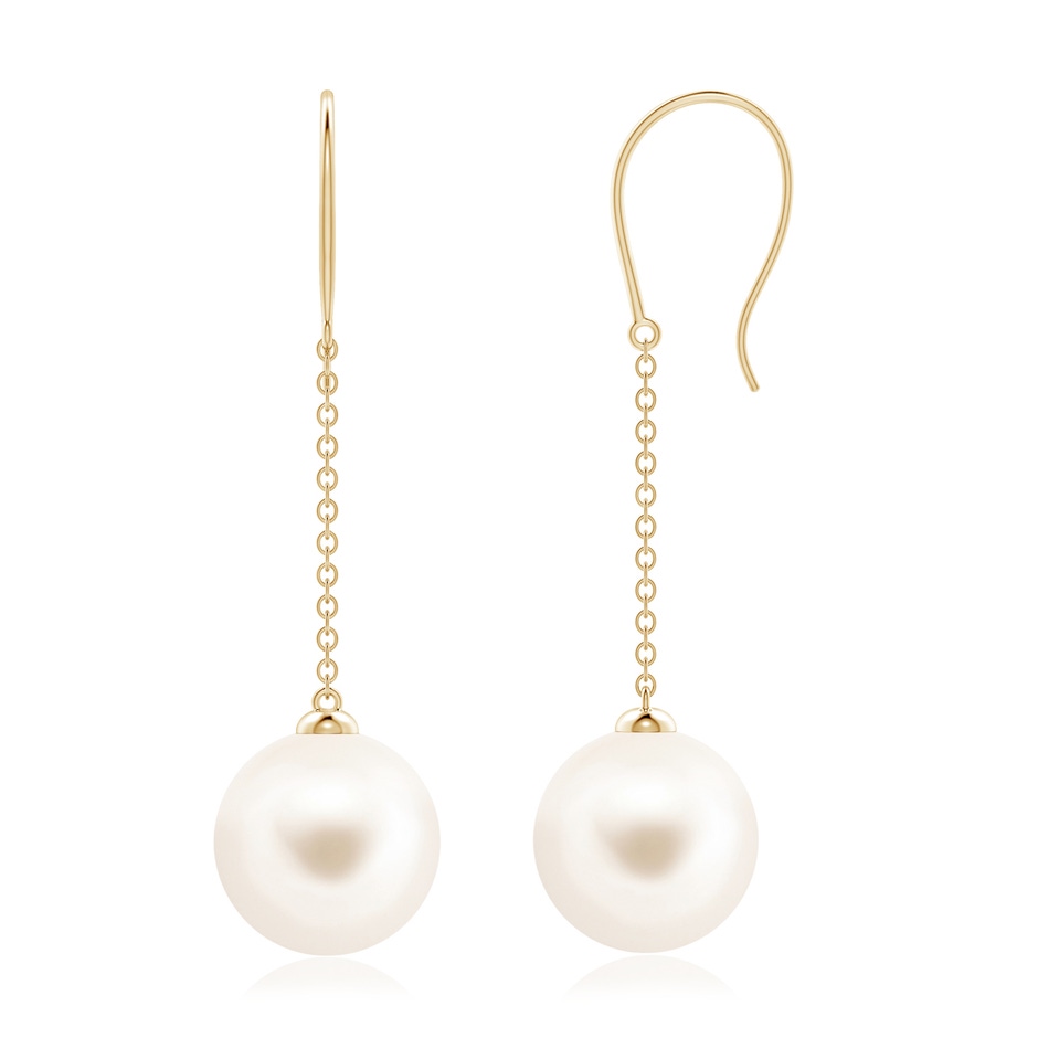 10mm AAA Dangling Solitaire Freshwater Pearl Earrings in Yellow Gold 