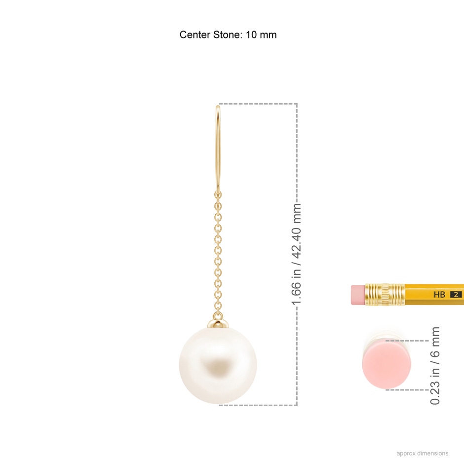 10mm AAA Dangling Solitaire Freshwater Pearl Earrings in Yellow Gold ruler