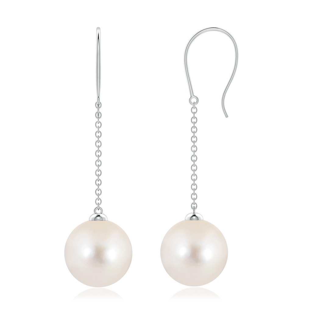 10mm AAAA Dangling Solitaire Freshwater Pearl Earrings in White Gold