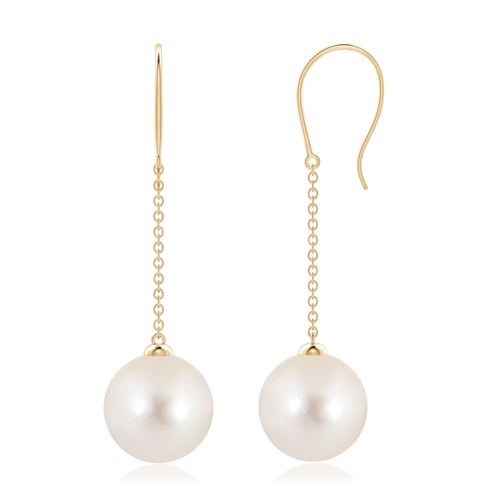 10mm AAAA Dangling Solitaire Freshwater Pearl Earrings in Yellow Gold