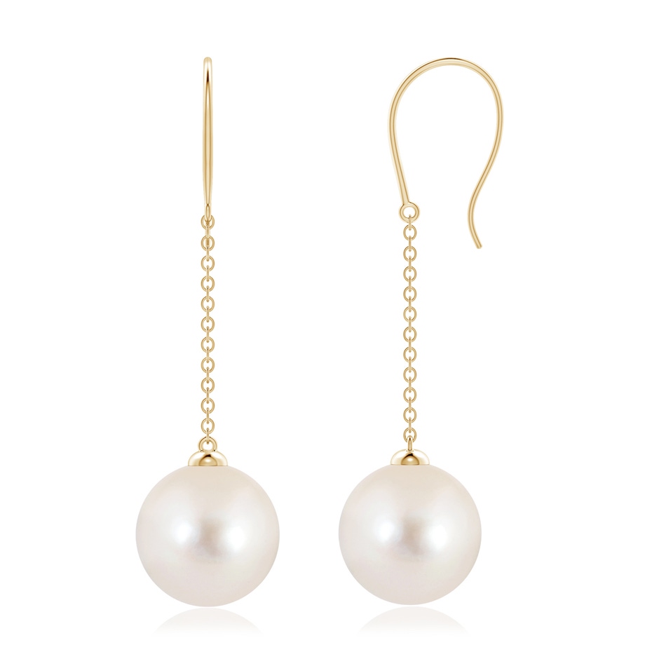 10mm AAAA Dangling Solitaire Freshwater Pearl Earrings in Yellow Gold 