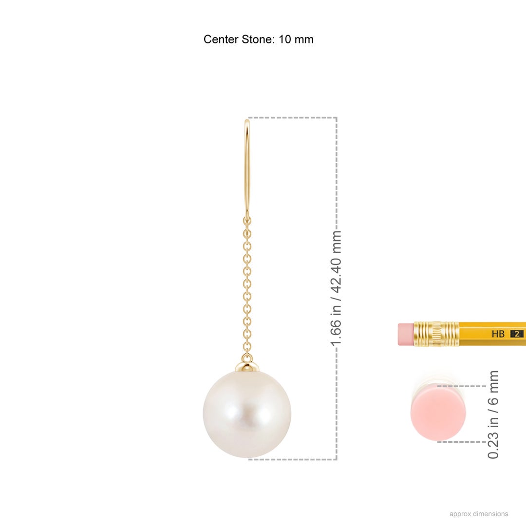 10mm AAAA Dangling Solitaire Freshwater Pearl Earrings in Yellow Gold - ruler