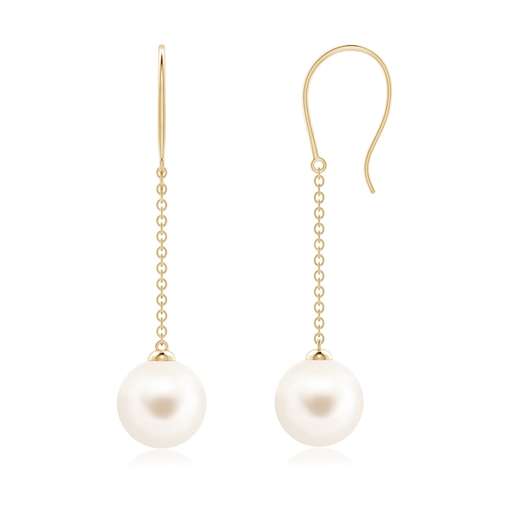 8mm AAA Dangling Solitaire Freshwater Pearl Earrings in Yellow Gold