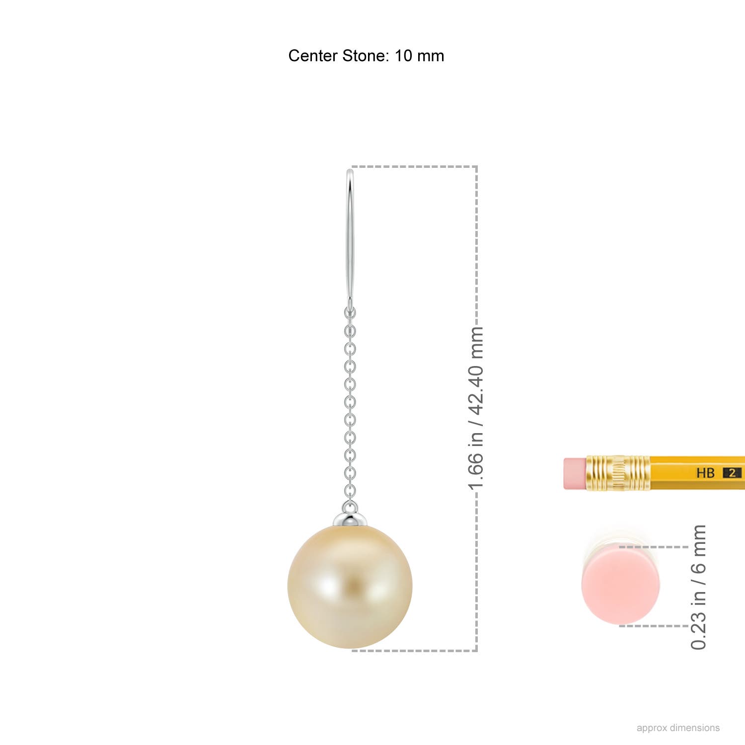 10mm AAA Dangling Solitaire Golden South Sea Pearl Earrings in P950 Platinum - ruler