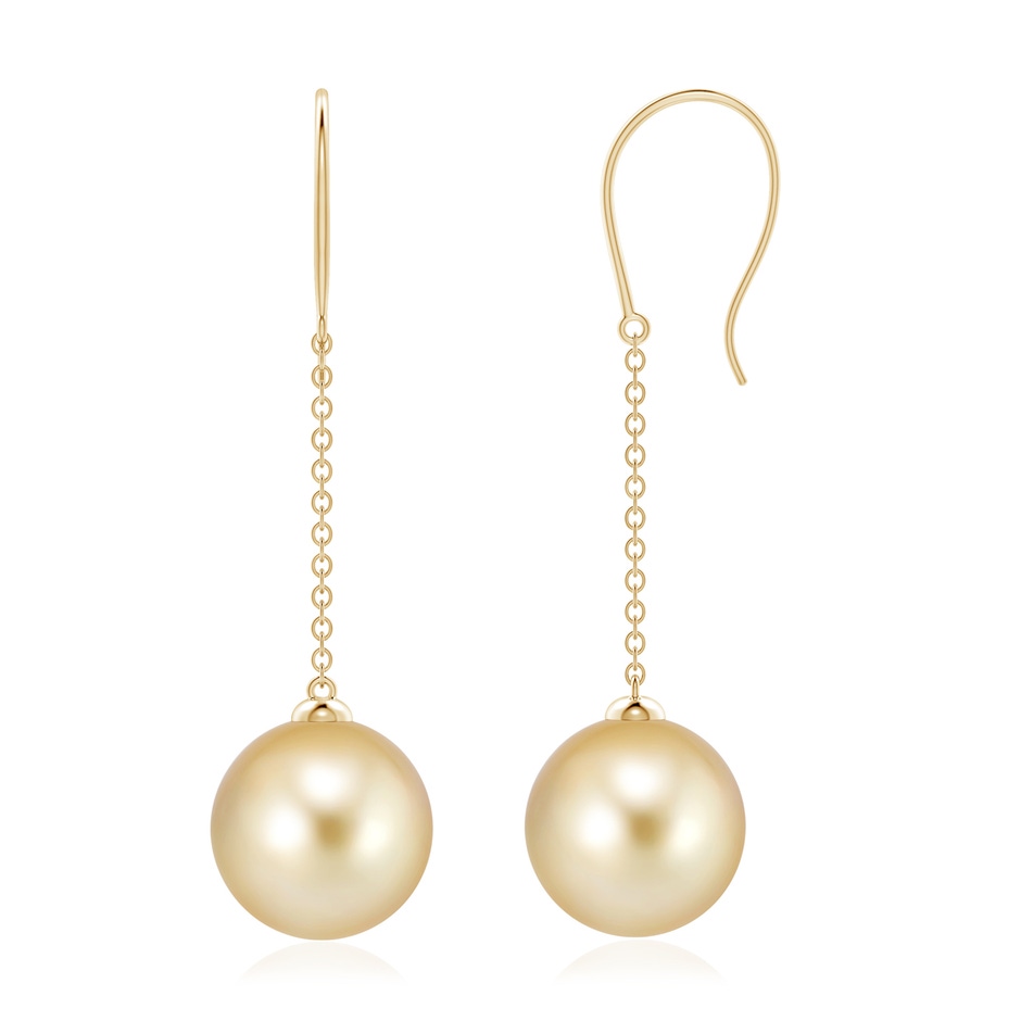 10mm AAAA Dangling Solitaire Golden South Sea Pearl Earrings in Yellow Gold 