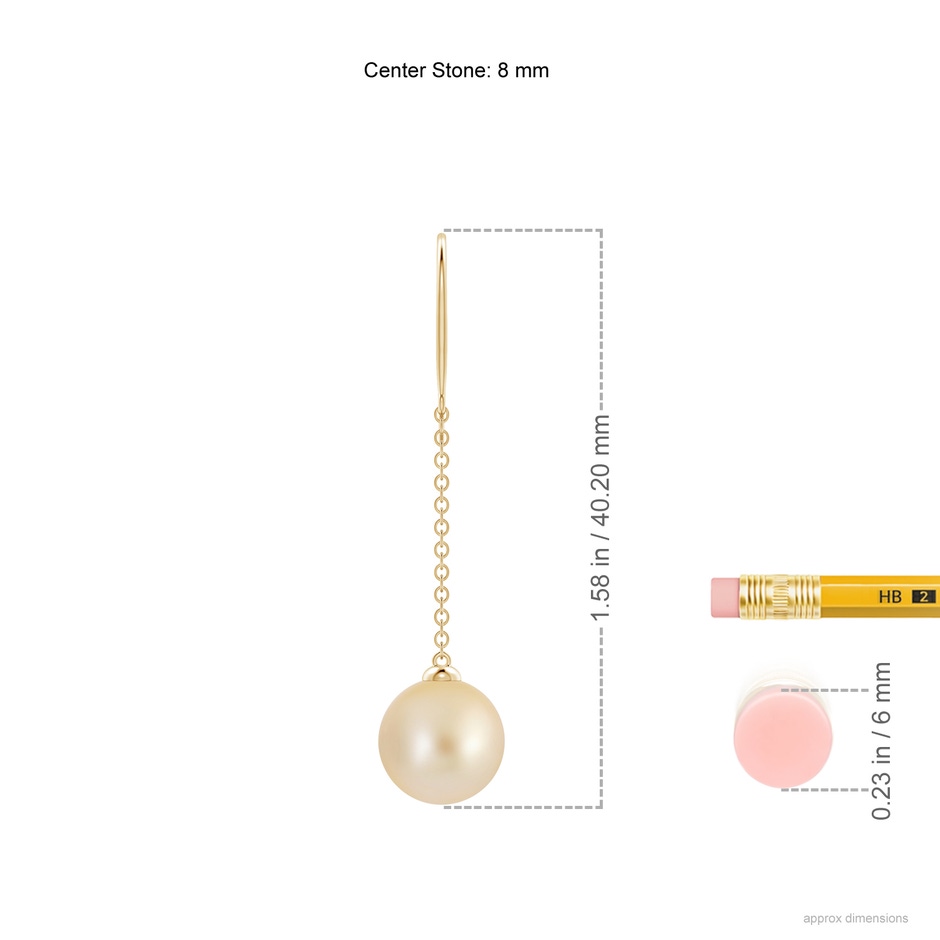 8mm AA Dangling Solitaire Golden South Sea Pearl Earrings in Yellow Gold ruler