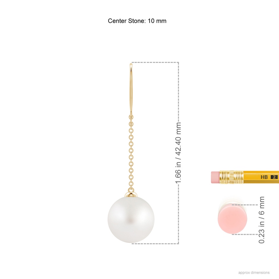 10mm AA Dangling Solitaire South Sea Pearl Earrings in Yellow Gold ruler