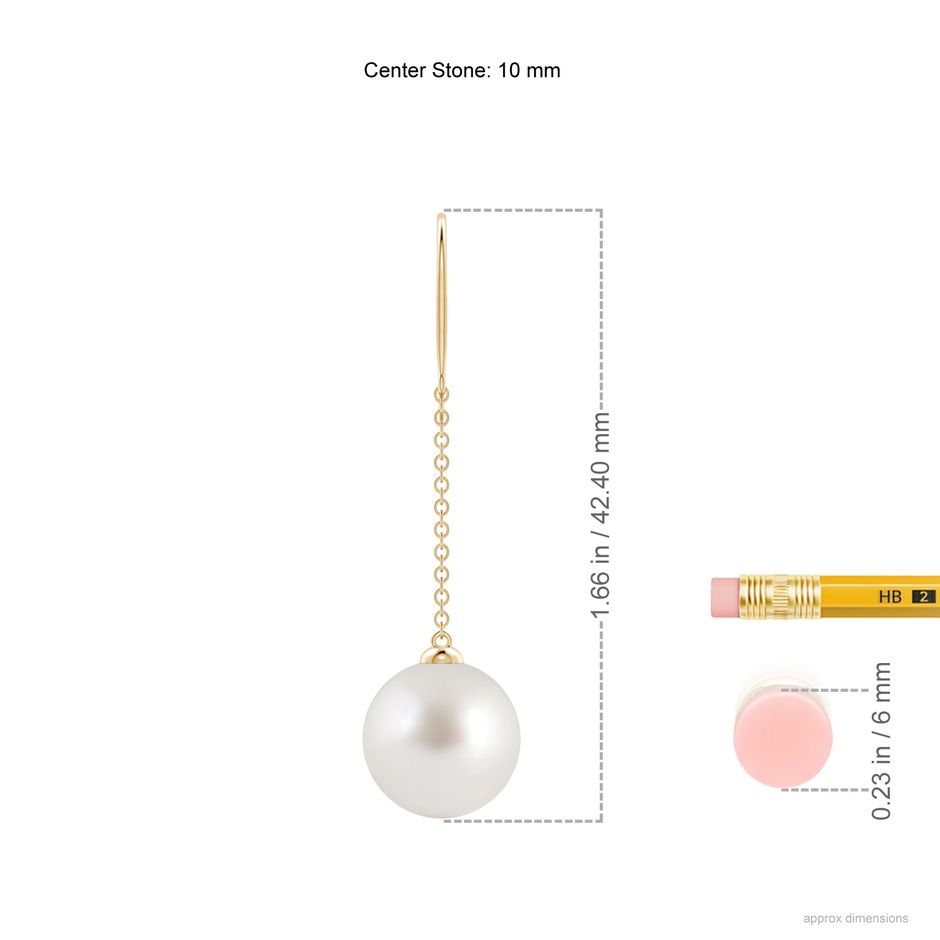 10mm AAA Dangling Solitaire South Sea Pearl Earrings in Yellow Gold ruler