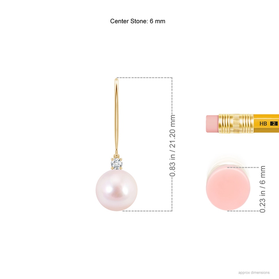 6mm AAAA Japanese Akoya Pearl & Diamond Fish Hook Earrings in Yellow Gold ruler