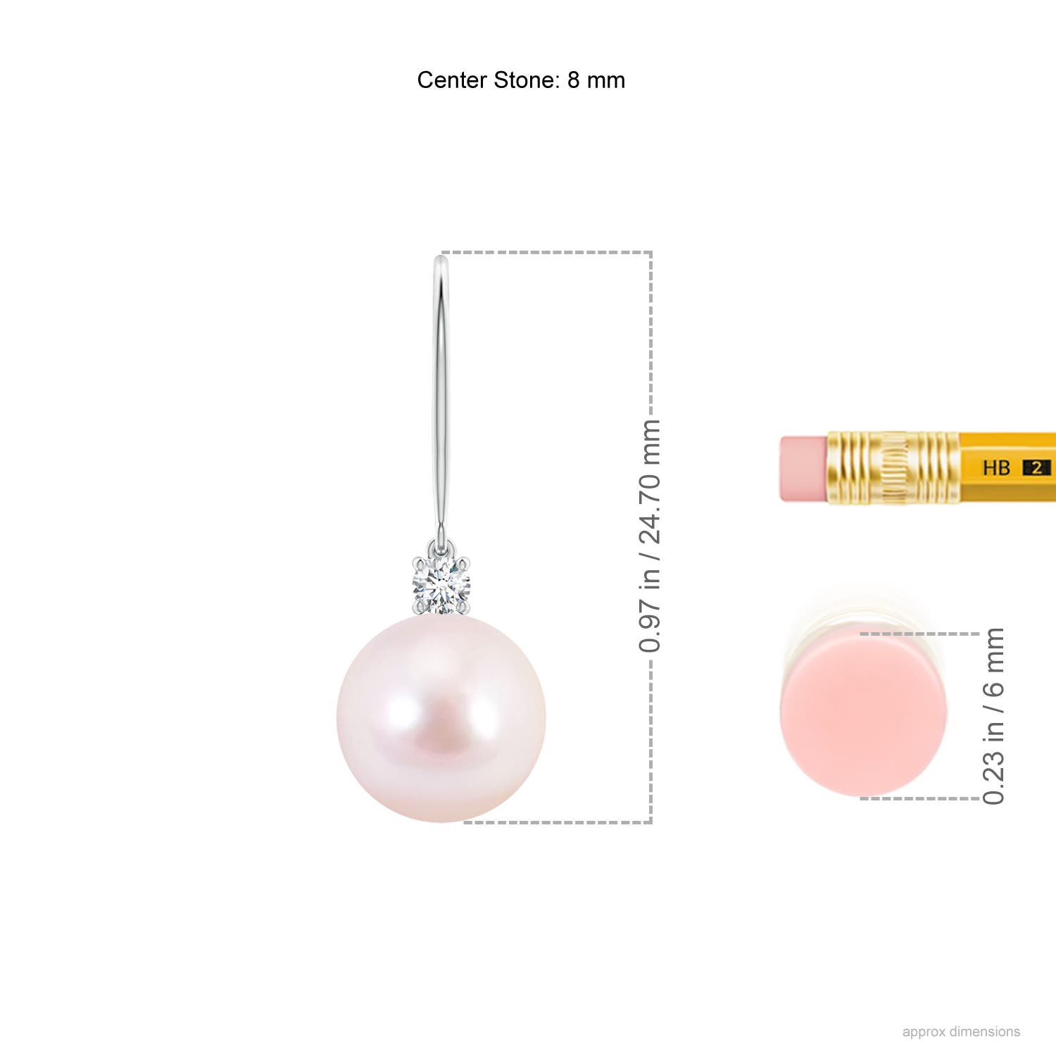 8mm AAAA Japanese Akoya Pearl & Diamond Fish Hook Earrings in White Gold - ruler