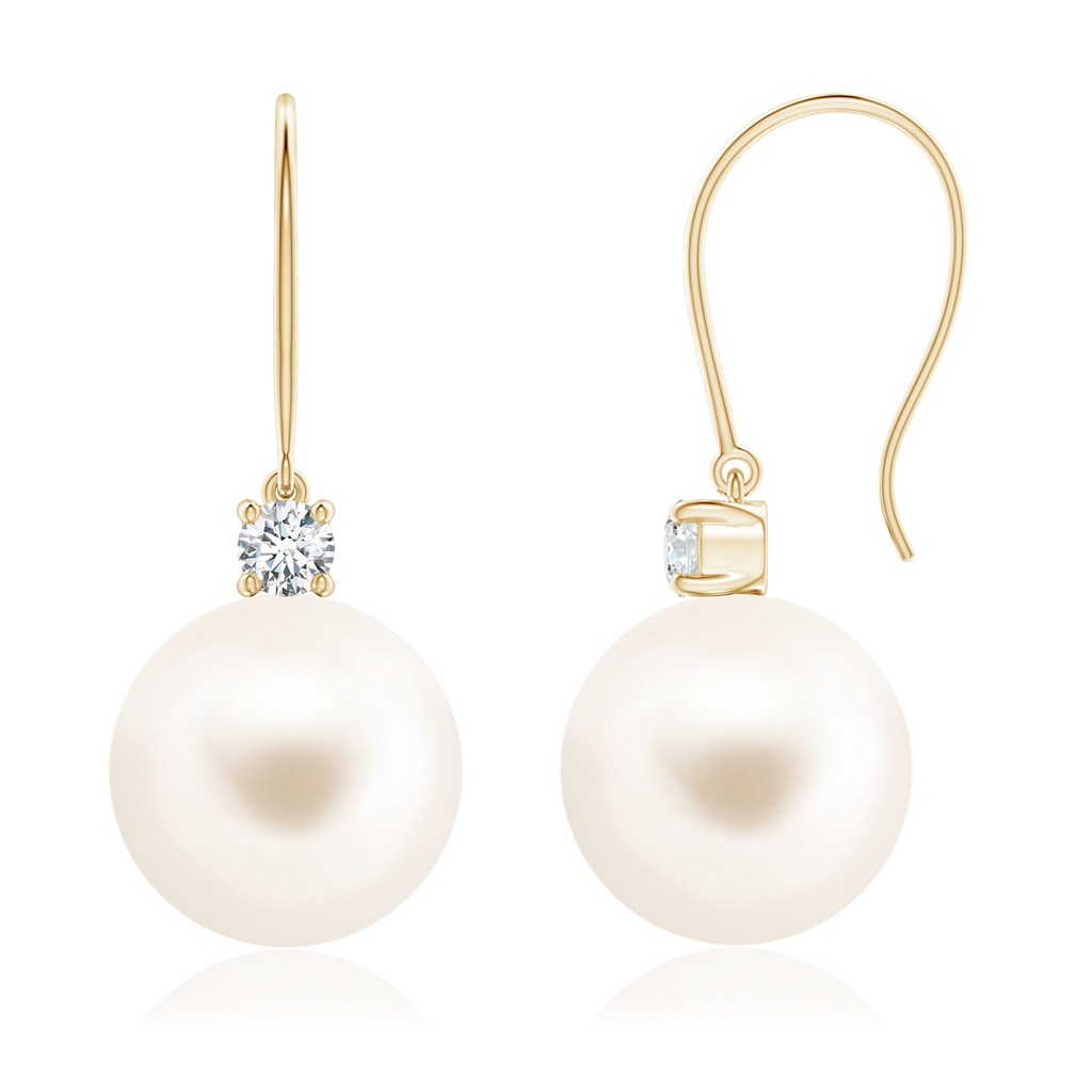 10mm AAA Freshwater Pearl & Diamond Fish Hook Earrings in Yellow Gold