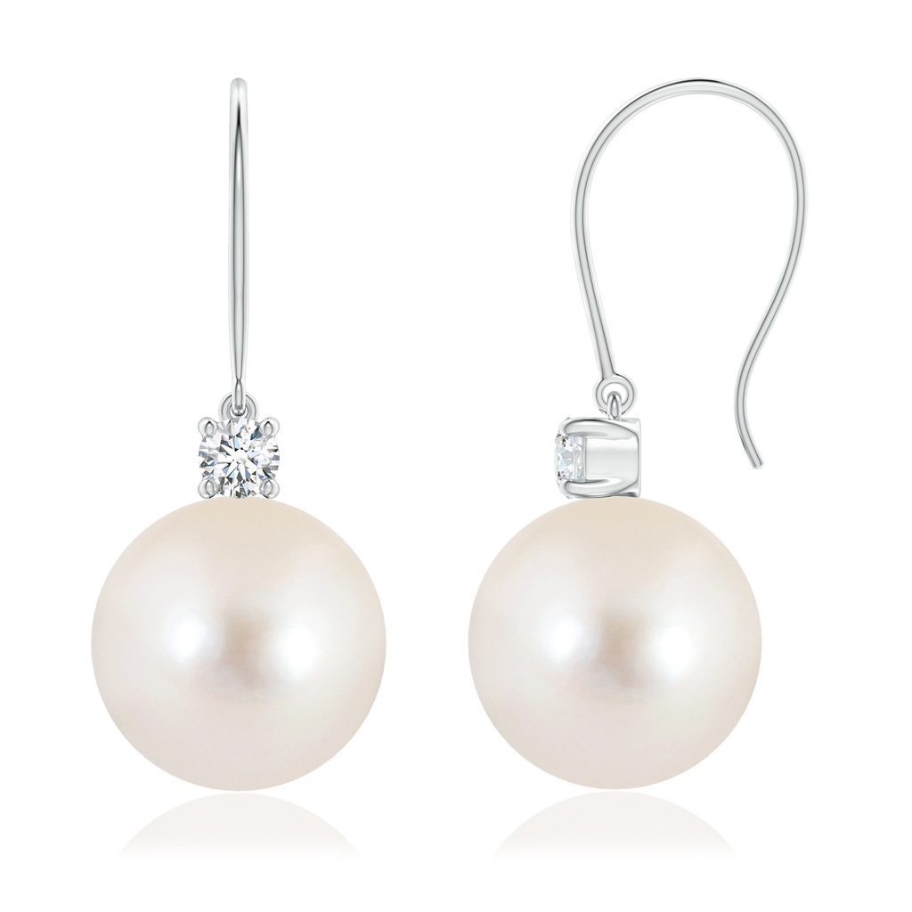 10mm AAAA Freshwater Pearl & Diamond Fish Hook Earrings in White Gold