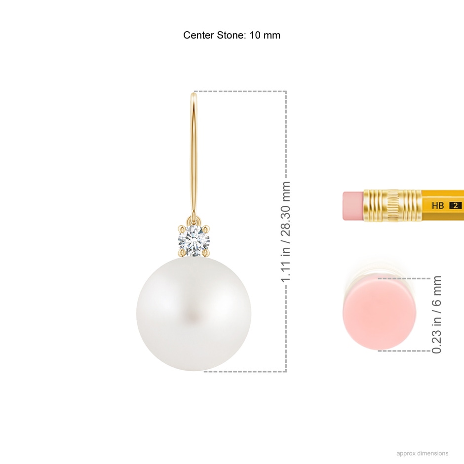 10mm AA South Sea Pearl & Diamond Fish Hook Earrings in Yellow Gold ruler