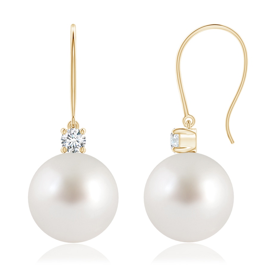 10mm AAA South Sea Pearl & Diamond Fish Hook Earrings in Yellow Gold 