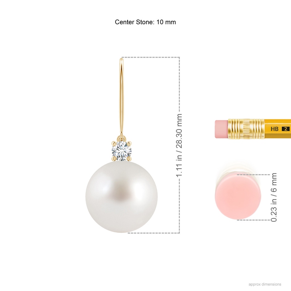 10mm AAA South Sea Pearl & Diamond Fish Hook Earrings in Yellow Gold ruler