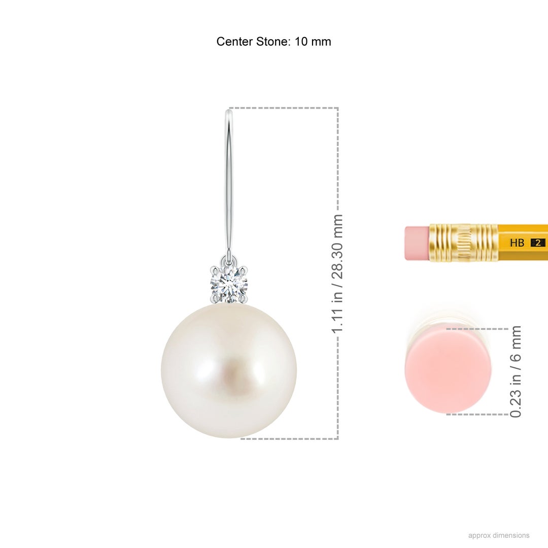 10mm AAAA South Sea Pearl & Diamond Fish Hook Earrings in White Gold - ruler