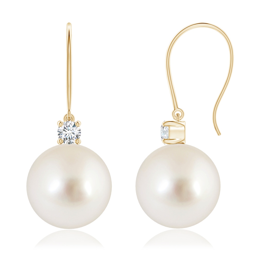 10mm AAAA South Sea Pearl & Diamond Fish Hook Earrings in Yellow Gold