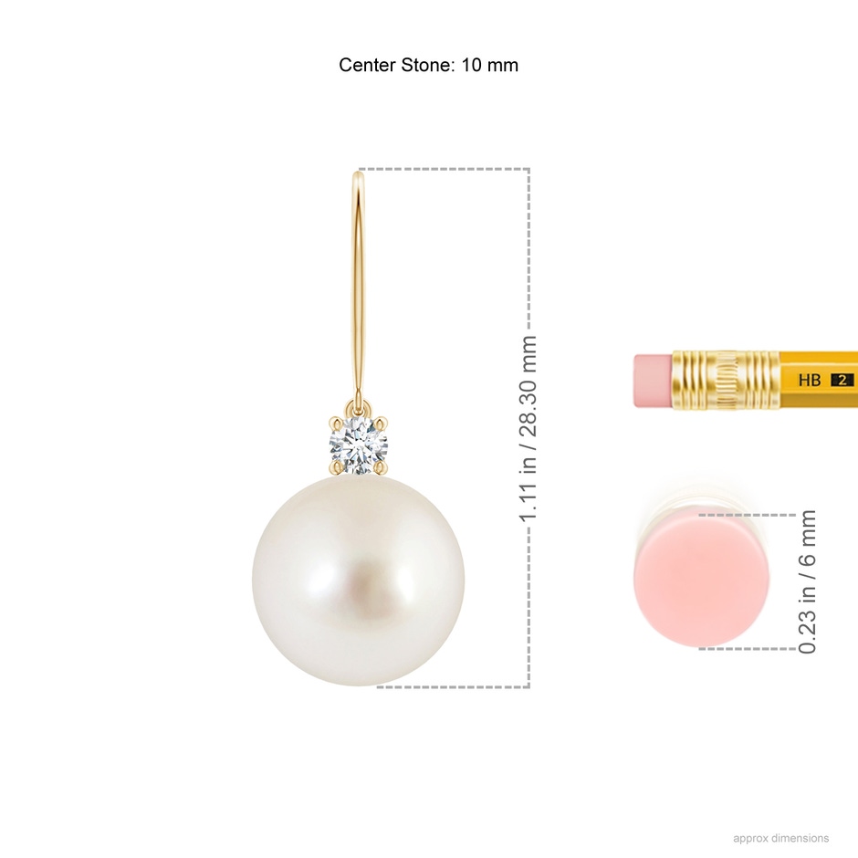 10mm AAAA South Sea Pearl & Diamond Fish Hook Earrings in Yellow Gold ruler