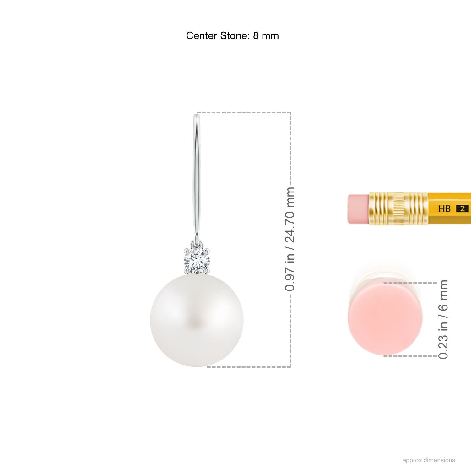 8mm AA South Sea Pearl & Diamond Fish Hook Earrings in P950 Platinum - ruler